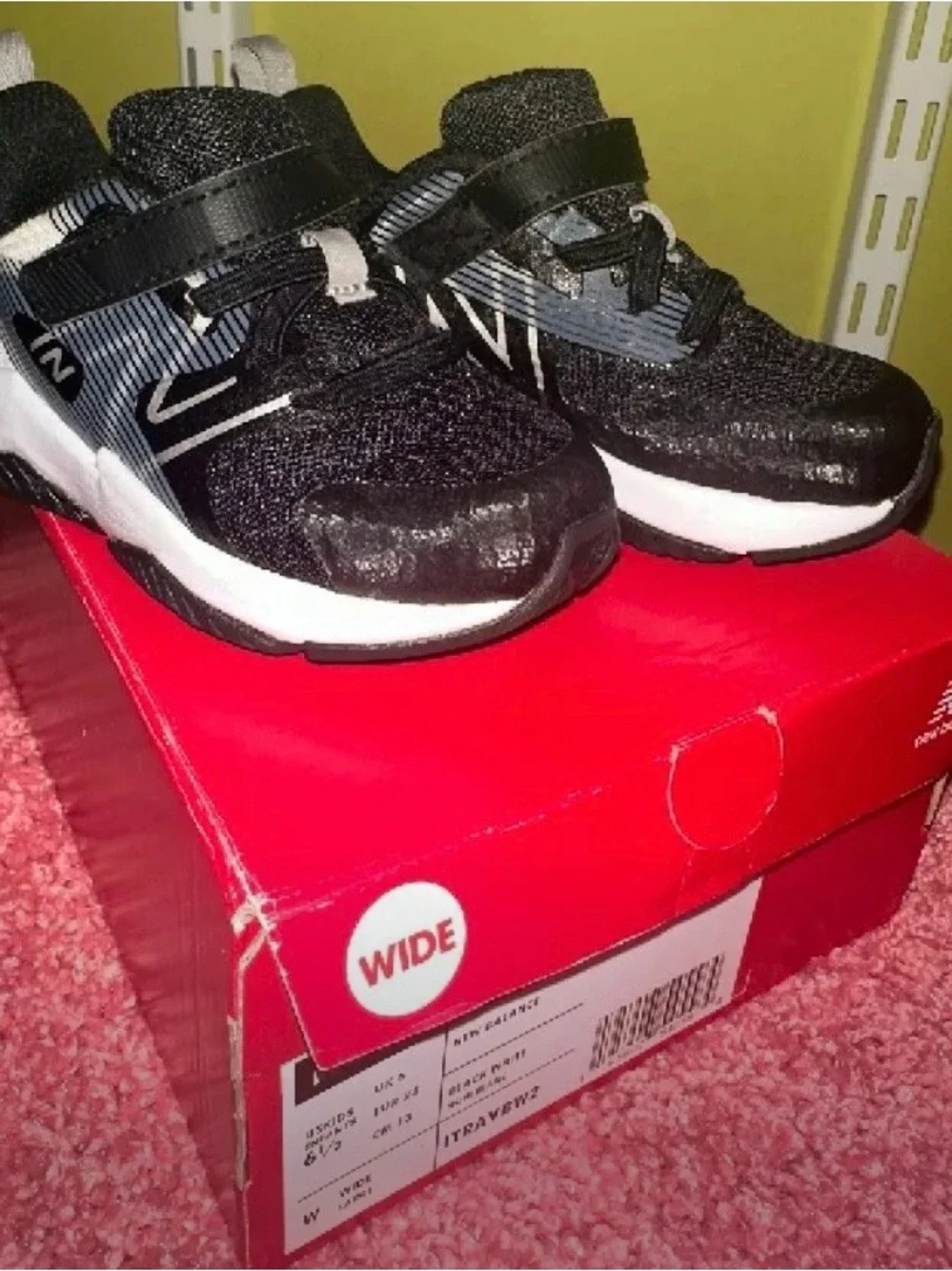 New Balance Black and White Kids Sneakers with Hook-and-Loop Strap